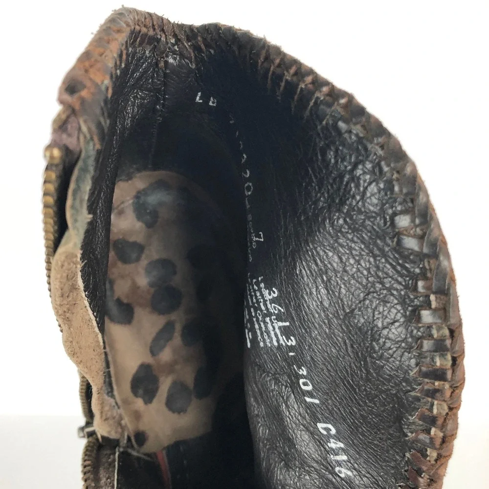 LIBERTY BLACK Leopard Print Fringe Western Ankle Boots Sz 7 Brown Leather Boho